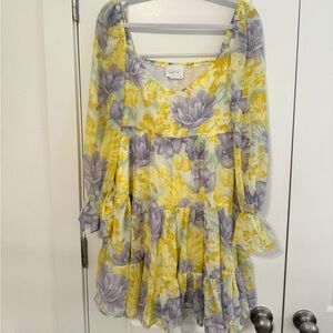 Elegant Floral Mini Dress in Yellow and Purple